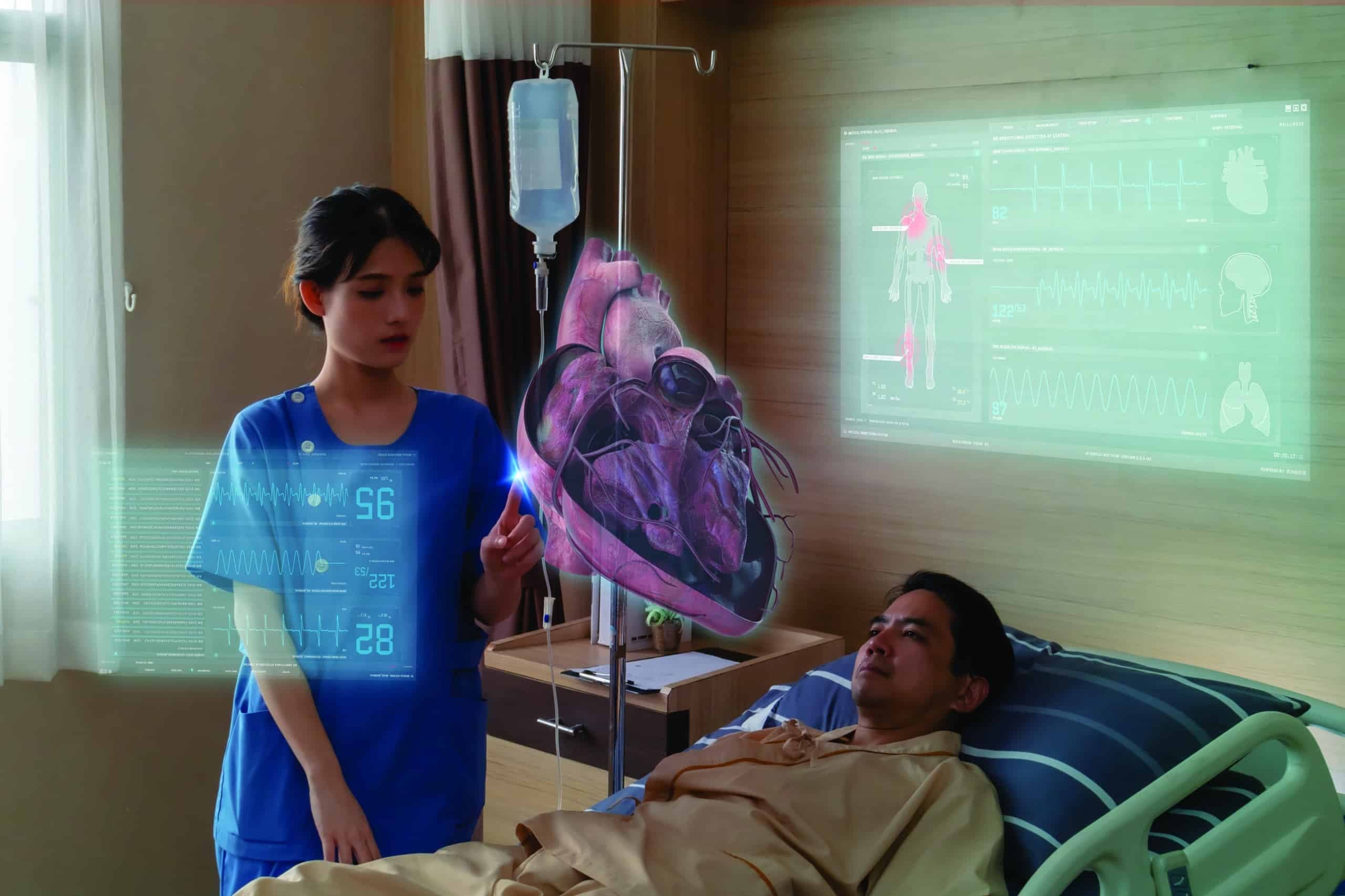 new normal Futuristic Technology in medical concept doctor describes patient by using artificial intelligence, machine learning, digital twin, 5g, big data, iot, augmented mixed virtual rality, ar, vr