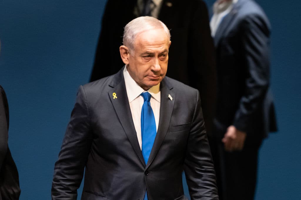 Prime Minister of Israel Benjamin Netanyahu arrives on stage